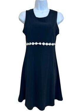Vintage 90s Y2k Embroidered Daisy Waist Black Ponte Stretch A-line Dress S USA